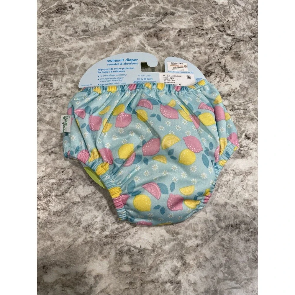 NWT iPlay Infant Blue W/ Pink & Yellow Fruit Print Reusable Swim Diaper Size 12M